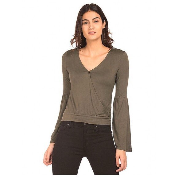 Aeropostale Faux-Wrap Crop Pullover Blouse Bell Sleeve Top Olive Green Hippie S - Picture 2 of 6